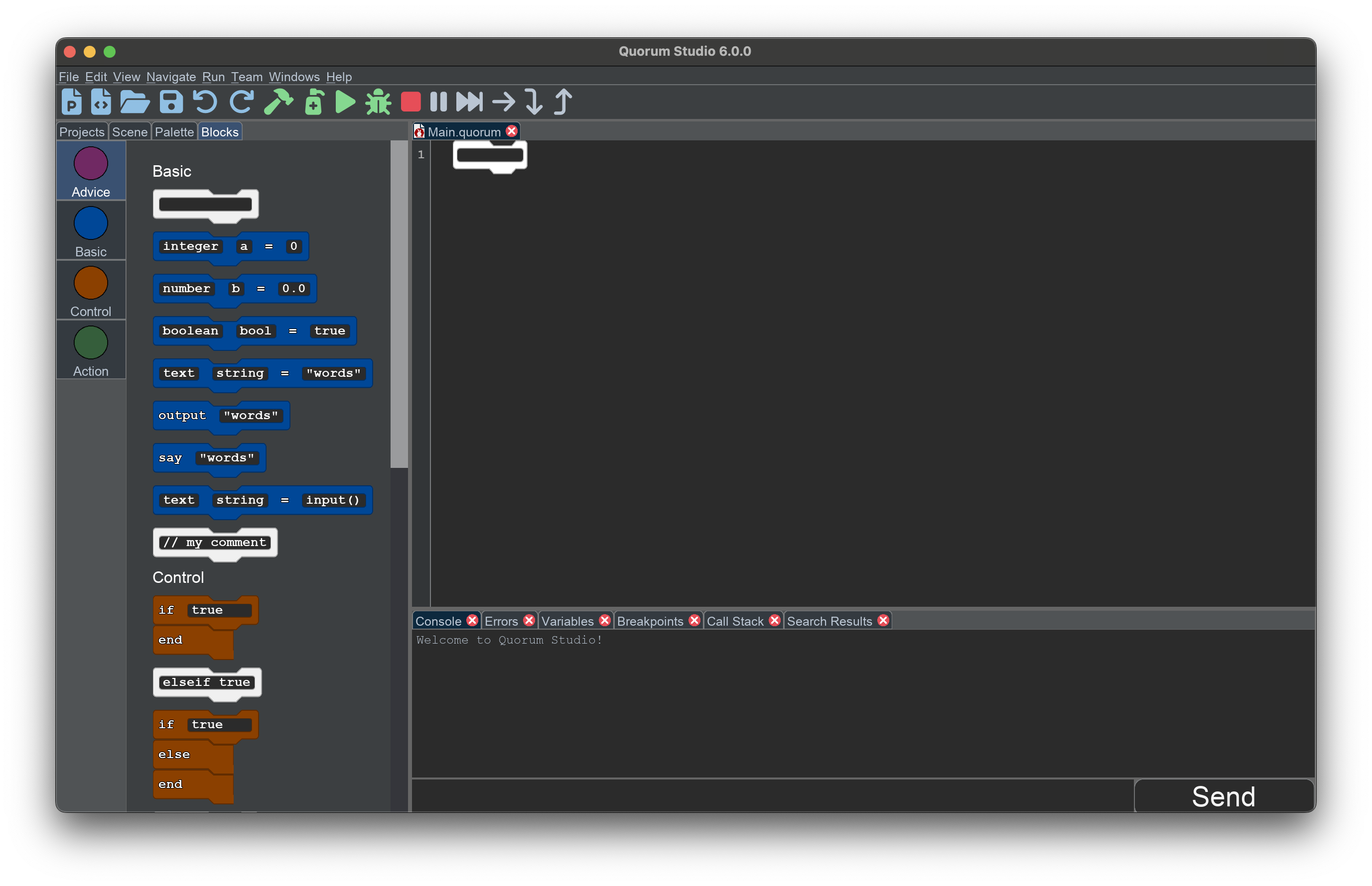 This now shows an open blocks tab. This tab contains various kinds of helper blocks, like variables or control structures. On the right hand side is the editor, which contains a single blank block.